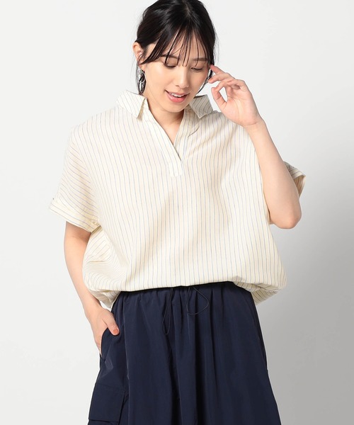 ブラウス シャツ 爽やか吸水速乾リネン　 襟付きキーネックシャツ/ストライプ レディース Grand PARK ブラウス シャツ 爽やか吸水速乾リネン 襟付き