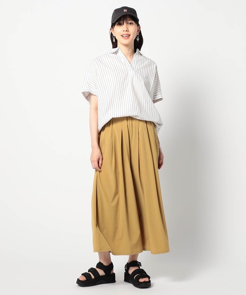 ブラウス シャツ 爽やか吸水速乾リネン　 襟付きキーネックシャツ/ストライプ レディース Grand PARK ブラウス シャツ 爽やか吸水速乾リネン 襟付き