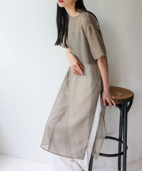 春夏 シアー 長袖 ワンピース ドレス スリット No Rule Line ワンピース シアーワンピース シアーロング