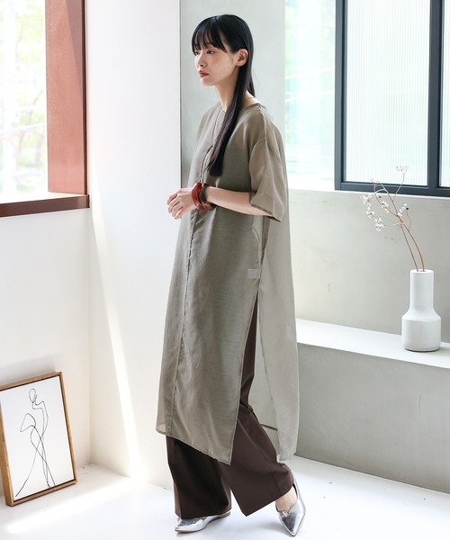 シアー ワンピース 長袖 リボン ドレス スリット 展開 No Rule Line ワンピース シアーワンピース シアーロング