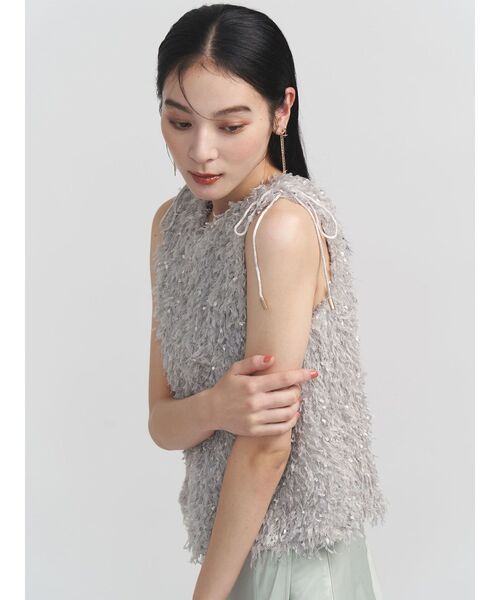 tシャツ フェザーライクVネックノースリーブトップス 夏服 レディース