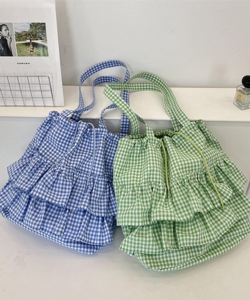 フリルバッグ　チェック　グリーン　ブルー　フリル　トートバッグ　ハンドメイド VIBGYOR トートバッグ Mignonjour/フリルチェック柄トートバッグ