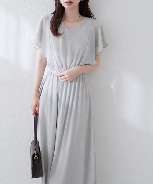 natural couture ワンピース 半袖 フレア袖Vネックワンピース
