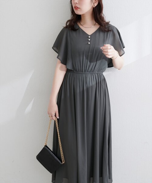 natural couture ワンピース 半袖 フレア袖Vネックワンピース