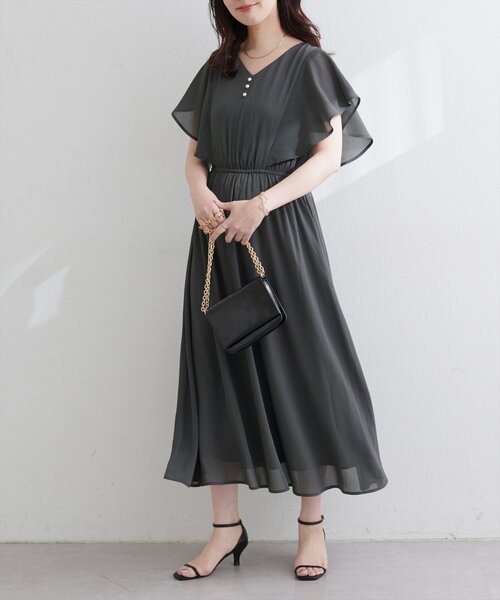 natural couture ワンピース 半袖 フレア袖Vネックワンピース