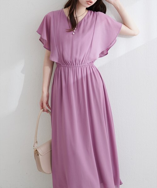 natural couture ワンピース 半袖 フレア袖Vネックワンピース