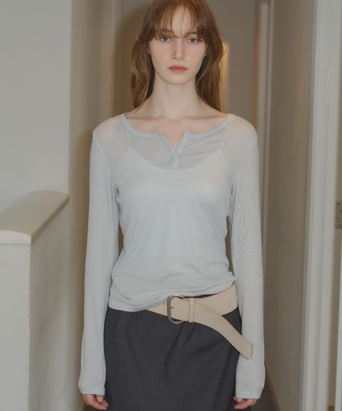 GIUNON ヘンリーネック tシャツ rib sheer button tops / リブシアー