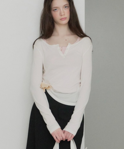 GIUNON ヘンリーネック tシャツ rib sheer button tops / リブシアー