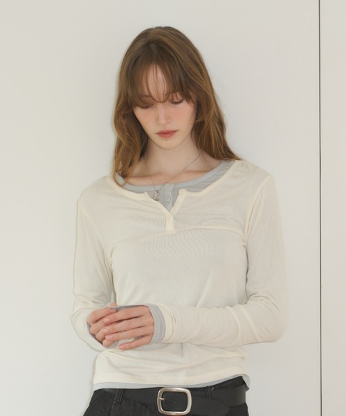 GIUNON ヘンリーネック tシャツ rib sheer button tops / リブシアー