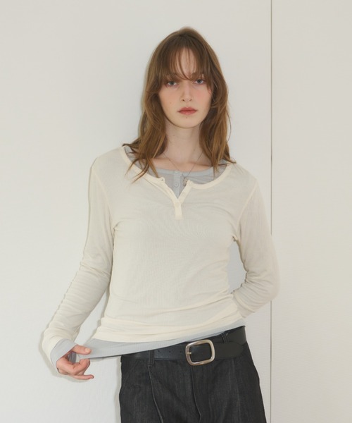GIUNON ヘンリーネック tシャツ rib sheer button tops / リブシアー