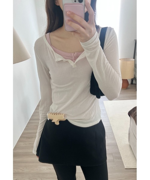 GIUNON ヘンリーネック tシャツ rib sheer button tops / リブシアー