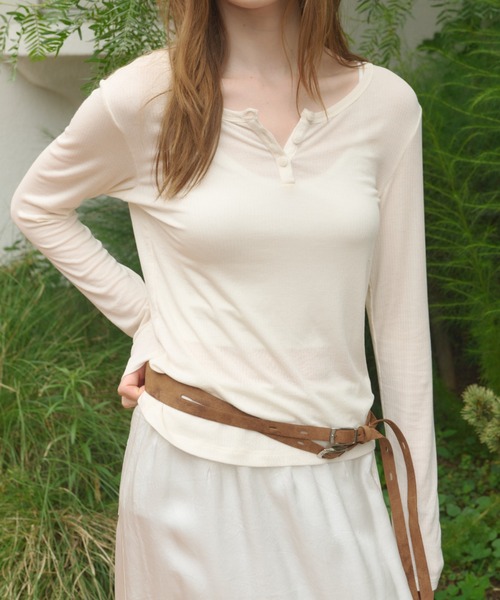 GIUNON ヘンリーネック tシャツ rib sheer button tops / リブシアー