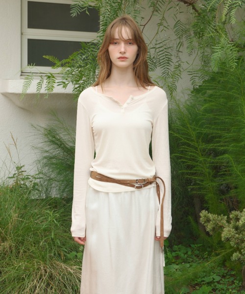 GIUNON ヘンリーネック tシャツ rib sheer button tops / リブシアー