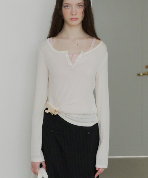 GIUNON ヘンリーネック tシャツ rib sheer button tops / リブシアー