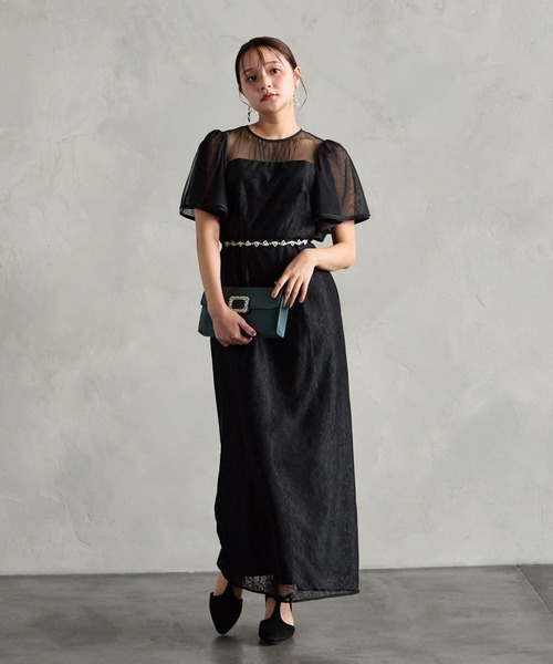 AIMER ドレス ボリュームフレアスリーブフラワーレースロングタイト