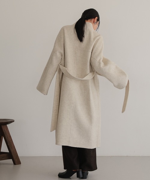 ＭＬＬＥピンク　ノーカラーウールコート　ベルト付き　[新品:未使用] ノーカラーコート コート ベルト付き ロングコート レディース