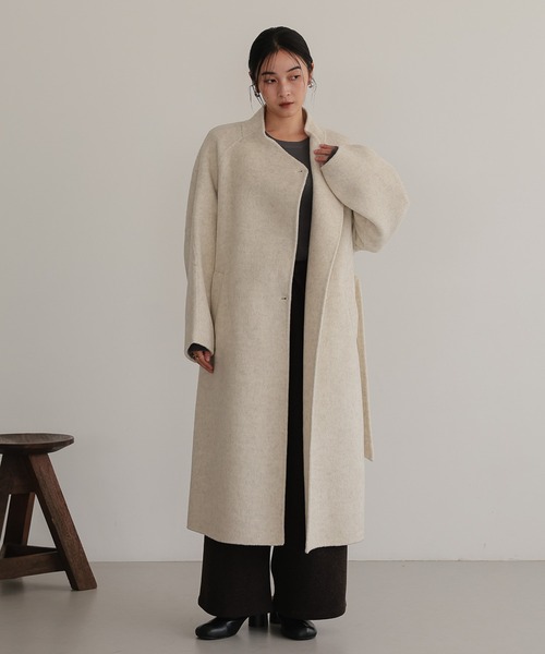 Theory ベージュ ロングコート ベルト付き ノーカラーコート コート ベルト付き ロングコート レディース