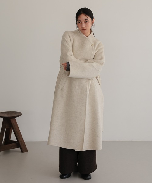 ■IÉNA【定価5.1】ロングスリットノーカラーコートウエストベルト付グレージュ ノーカラーコート コート ベルト付き ロングコート レディース