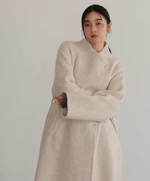 ノーカラーコート コート ベルト付き ロングコート レディース