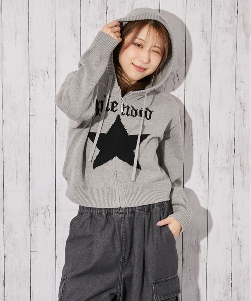 ニット セーター 「スター柄×ロゴジャガード」ショート丈ニットZIP