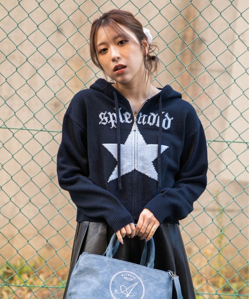 ニット セーター 「スター柄×ロゴジャガード」ショート丈ニットZIP