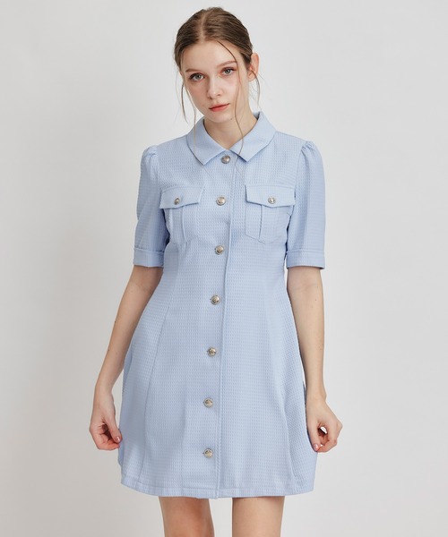 Rouje PARIS ラップワンピース 半袖 ブルー ドット柄 34 REDYAZEL（レディアゼル） ワンピース 半袖 エンブレムボタンワッフル