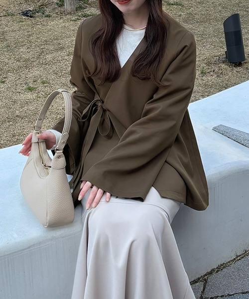 「junoah」 ノーカラージャケット MEDIUM ブラウン レディース_画像2