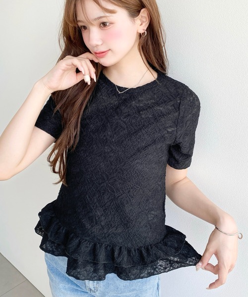 moment+ tシャツ 半袖 フラワーレース裾フリルカットソー レディース