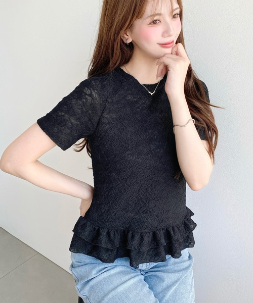 moment+ tシャツ フラワーレース裾フリルカットソー レディース