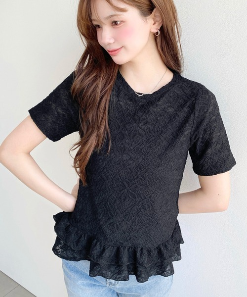 moment+ tシャツ フラワーレース裾フリルカットソー レディース