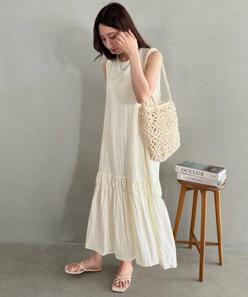 ワンピース 夏 バッグデザイン肌見せ♪ 裾タックデザインロング