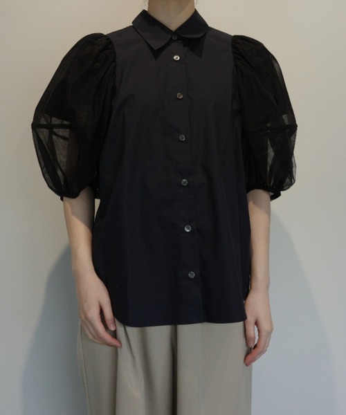 ブラウス シャツ CLANE TULLE LAYERED SLEEVE SHIRTS レディースの画像