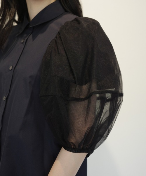 ブラウス シャツ CLANE TULLE LAYERED SLEEVE SHIRTS レディースの画像