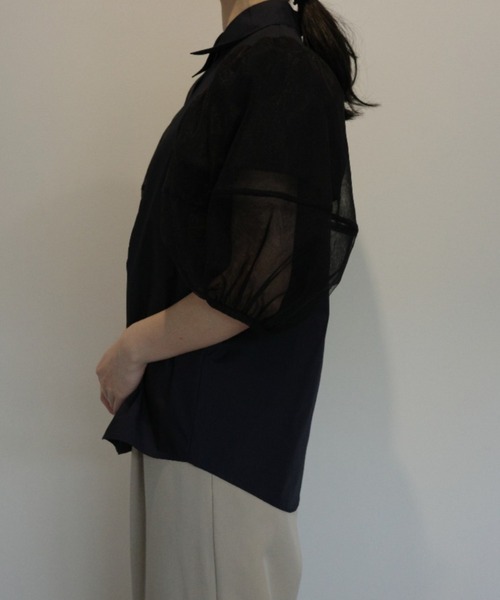 ブラウス シャツ CLANE TULLE LAYERED SLEEVE SHIRTS レディースの画像