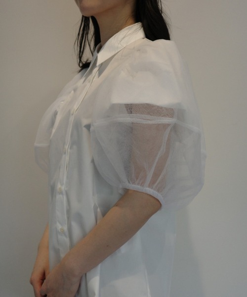 ブラウス シャツ CLANE TULLE LAYERED SLEEVE SHIRTS レディースの画像