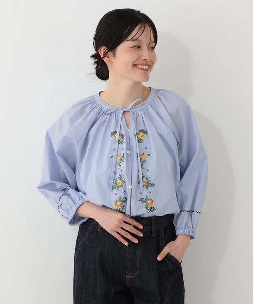 ARTS&SCIENCE 刺繍ギャザーブラウス Afternoon Tea（アフタヌーンティー） ブラウス シャツ リボン付き刺繍