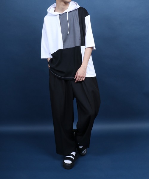 メンズ半袖バイカラーPUレザー穴あけ切替トップスおしゃれ夏 ANPAS パーカー Cool Touch Material Mix Hoodie/接触冷感 異