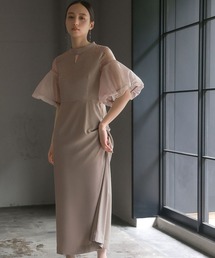 2色 パーティ ドレス ワンピース ラインストーン 異素材 アシメ GIRL DRESS FOR NOW ドレス バルーン袖異素材ドッキング Iライン