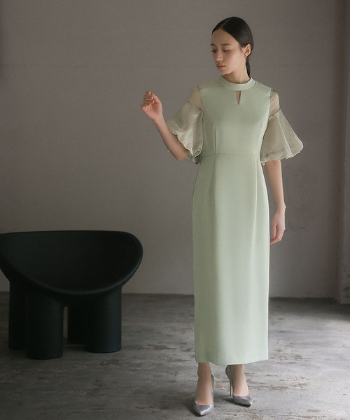 バルーン袖異素材ドッキング Iライン ロングワンピース　ドレス【GIRL】 ガール GIRL バルーン袖の異素材ドッキングIライン ロング丈 結婚式