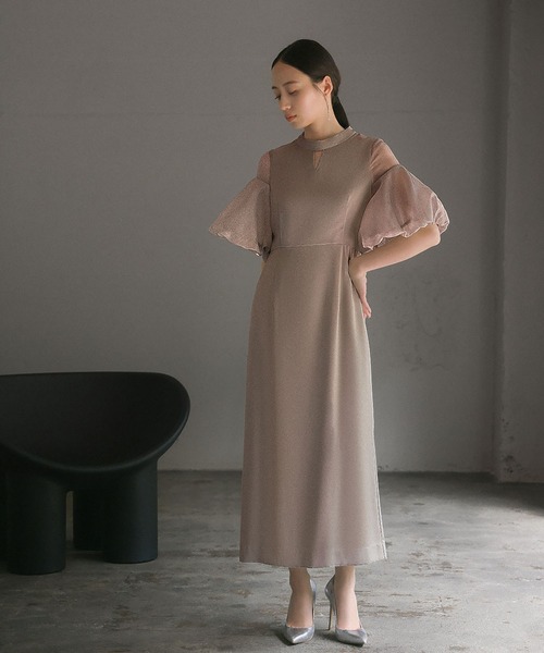 韓国 プリント ワンピース パーティードレス バルーン袖 GIRL DRESS FOR NOW ドレス バルーン袖異素材ドッキング Iライン