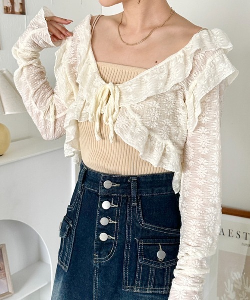 CLEA カーディガン ラッフルフリルクロップド丈レースボレロ