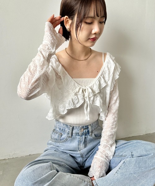 CLEA カーディガン ラッフルフリルクロップド丈レースボレロ