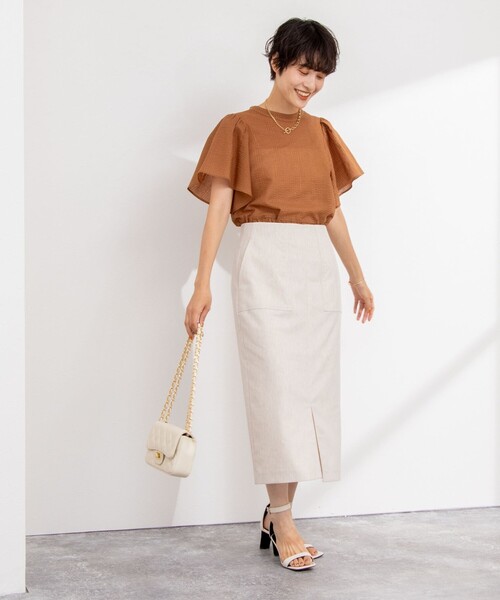 【新品】ノーリーズ 麻混 ロング タイトスカート ポケット ウォッシャブル 白 新品】ノーリーズ 麻混 ロング タイトスカート ポケット