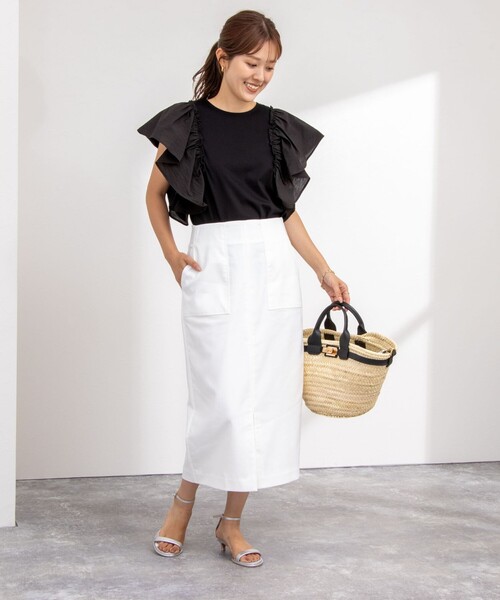 【新品】ノーリーズ 麻混 ロング タイトスカート ポケット ウォッシャブル 白 NOLLEY'S スカート ウォッシャブル麻混タイトスカート