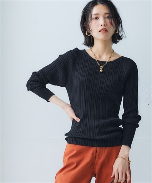 ニッセン ニット セーター 綿100％クルーネックランダムリブニット