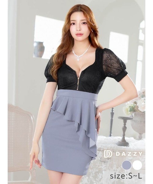 DAZZY ドレス フロントジップレース パフスリーブ ペプラム