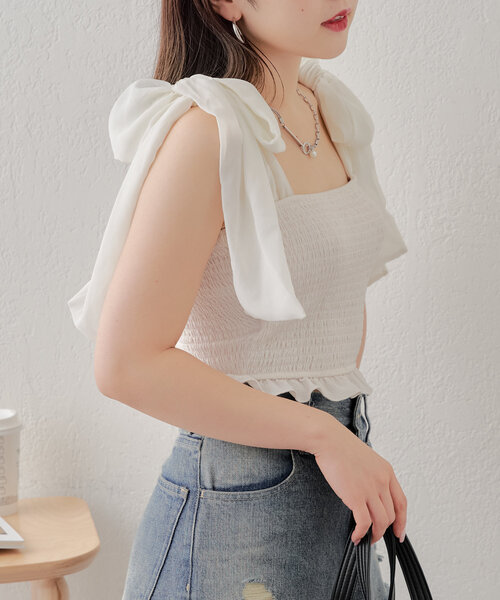 Chico 肩リボンBACK開きTOPS ブラウン&ホワイト2点セット Chico（チコ）の「【水着/トップス】肩リボンBACK開きTOPS（水着