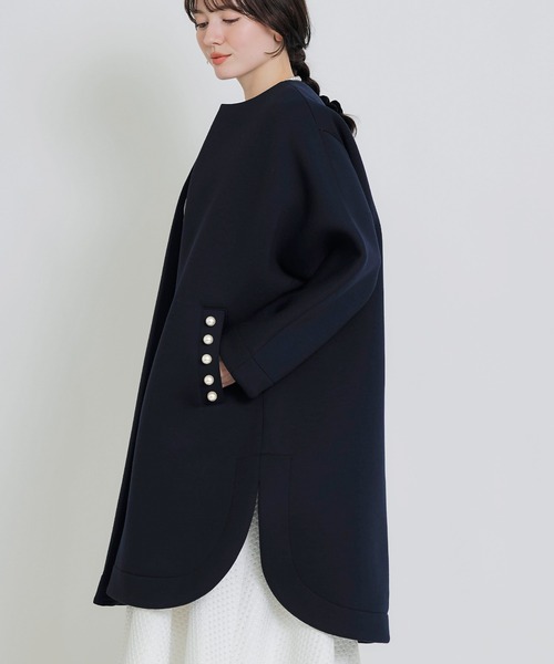 PICCIN グレー ロングコート パールボタン付き PICCIN PERLA ノーカラーコート コート スカラップボンディングコート