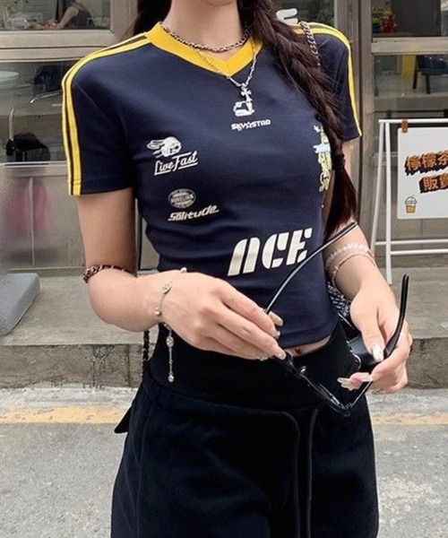 tシャツ Vネック肩ライン入りTシャツ レディース