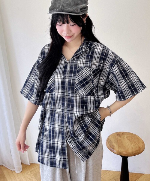 INGNI（イング） ブラウス シャツ 半袖 フードチェックBIG半袖シャツ